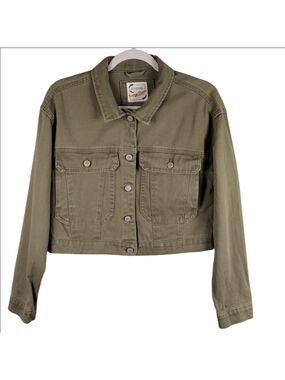 Stoosh Vintage Denim Green Collard Button Up Long Sleeve Cropped Jean Jacket